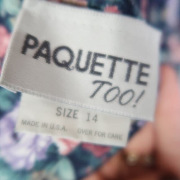 Vintage 80s Paquette Too! Navy Blue and Pink Floral Drop Waist Midi Dress M - Picture 5 of 6